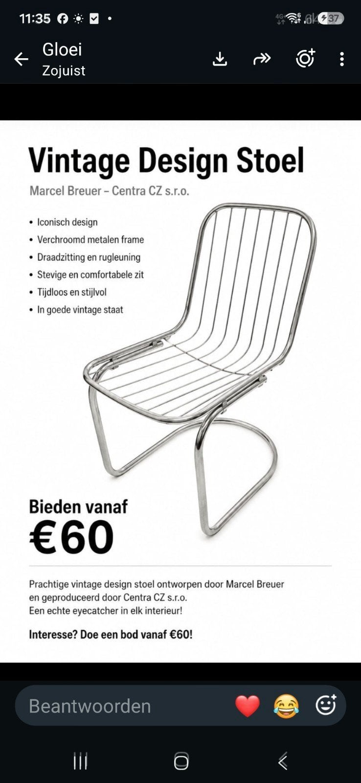 Vintage Design Stoel Marcel Breuer - Centra CZ s.r.o., Ophalen, Gebruikt, Overige kleuren, Metaal