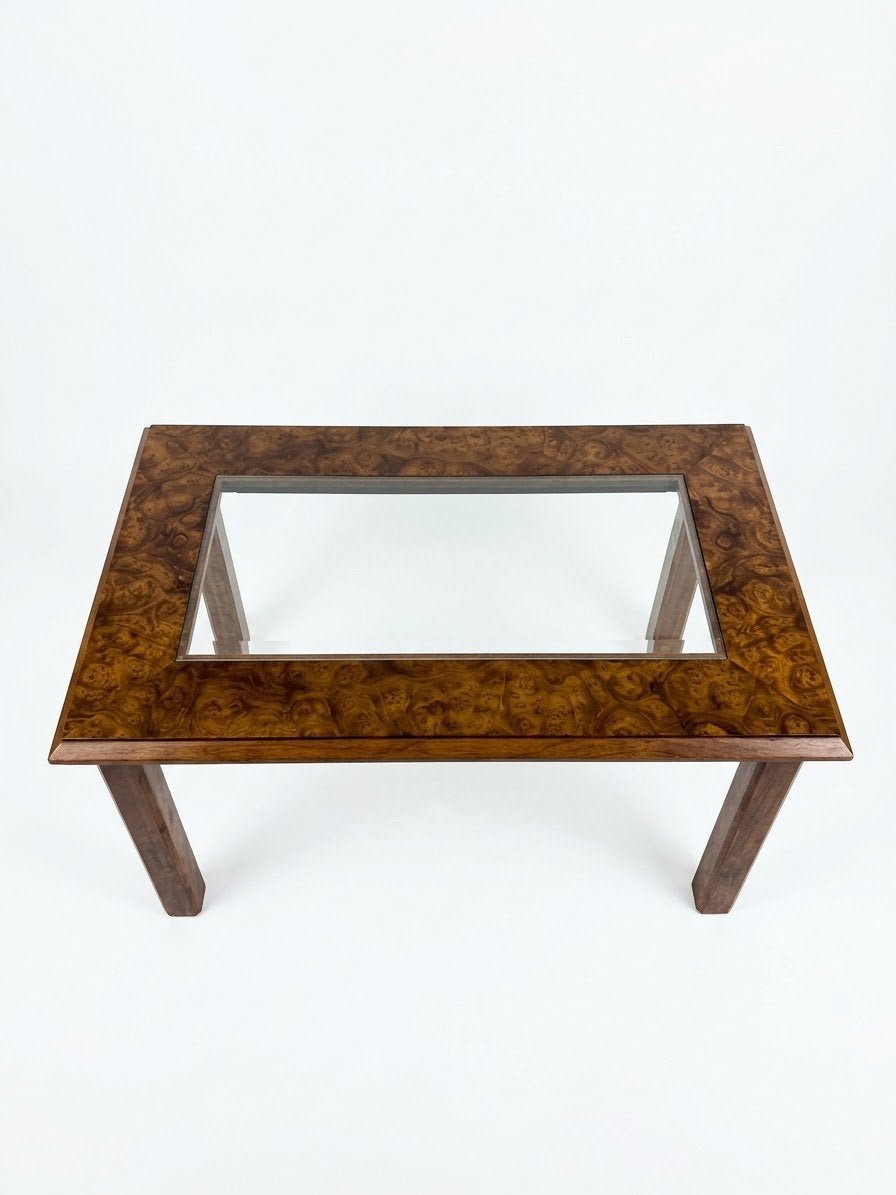 Vintage | Burlwood (wortelnoten hout) salontafel | glas, Huis en Inrichting, Gebruikt, 100 tot 150 cm, Mid Century vintage, Overige houtsoorten