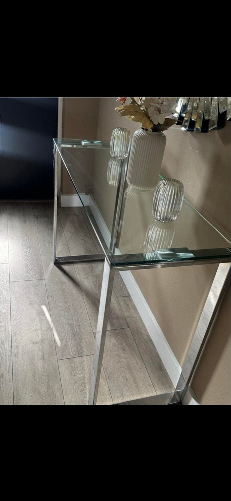 Glazen sidetable met chromen poten - 110x40x76 cm, Huis en Inrichting, Ophalen, Gebruikt, 100 tot 150 cm, Glas