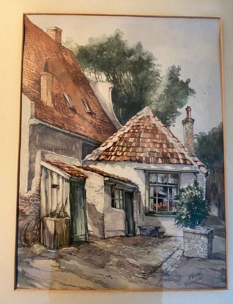 Riem Visser aquarel Huisje Vlieland 1953, Ophalen, Tekening, Aquarel, Origineel