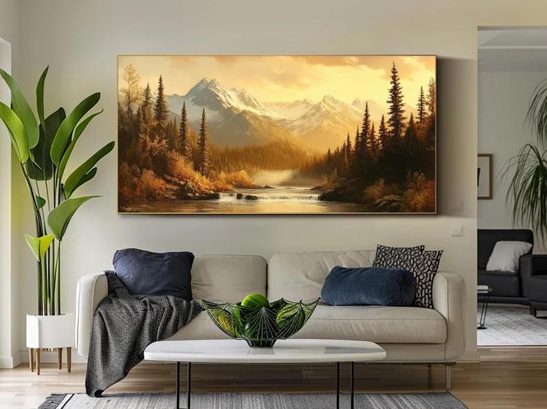 Groot Landschap Olieverfschilderij Zonsondergang Goud Frame, Ophalen