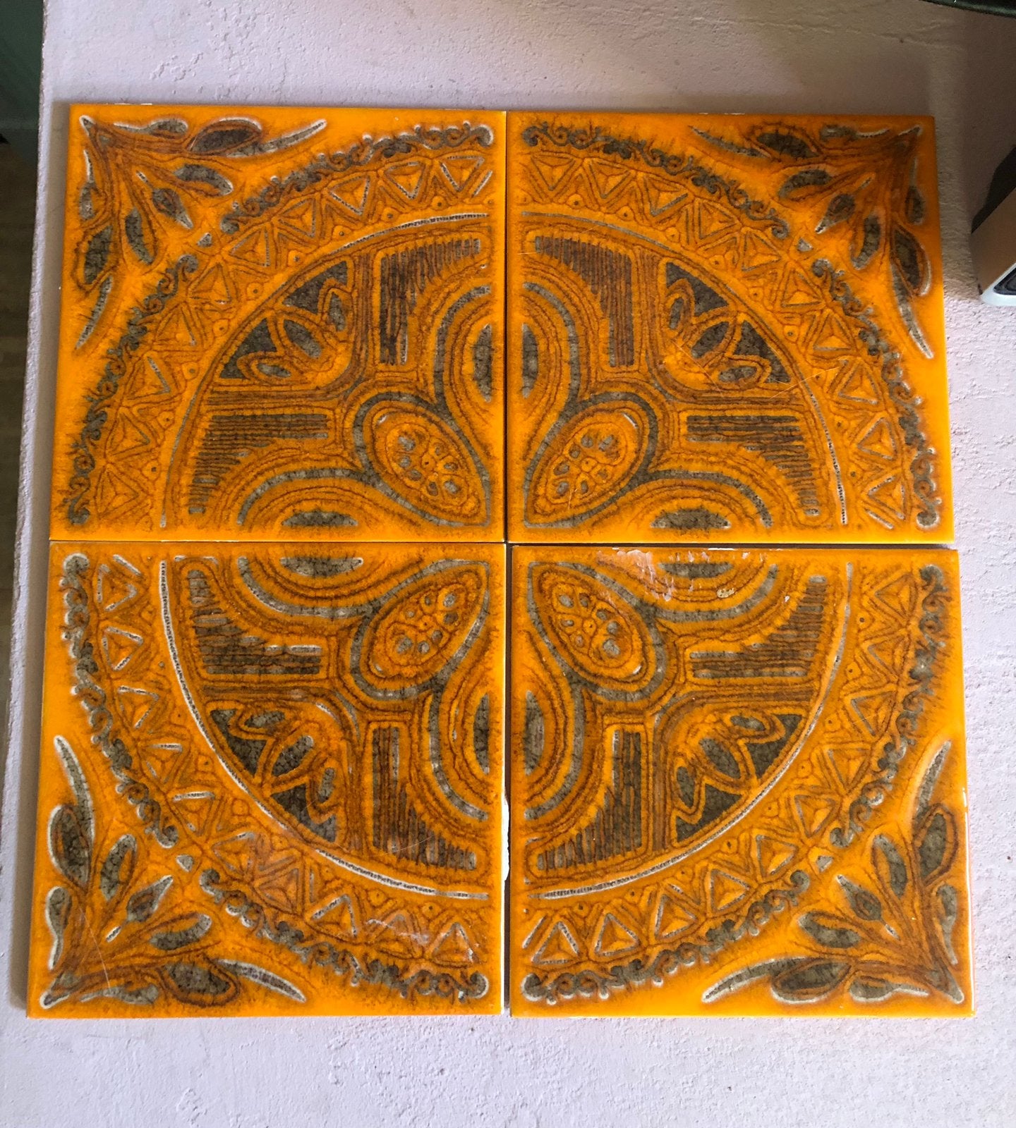 4 vintage tegels oranje, retro, keramiek, Germany, Antiek en Kunst, Antiek | Wandborden en Tegels, Ophalen of Verzenden