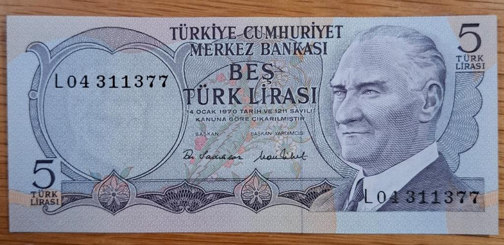 146# Turkije 5 Lira 1976 P185, Postzegels en Munten, Bankbiljetten | Europa | Niet-Eurobiljetten, Ophalen of Verzenden, Overige landen