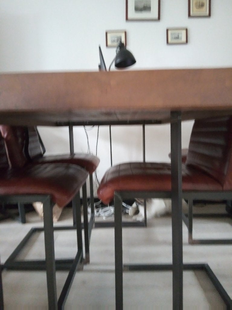 eettafel plus stoelen en krukken plus poef, Ophalen, Gebruikt, Eikenhout, 50 tot 100 cm