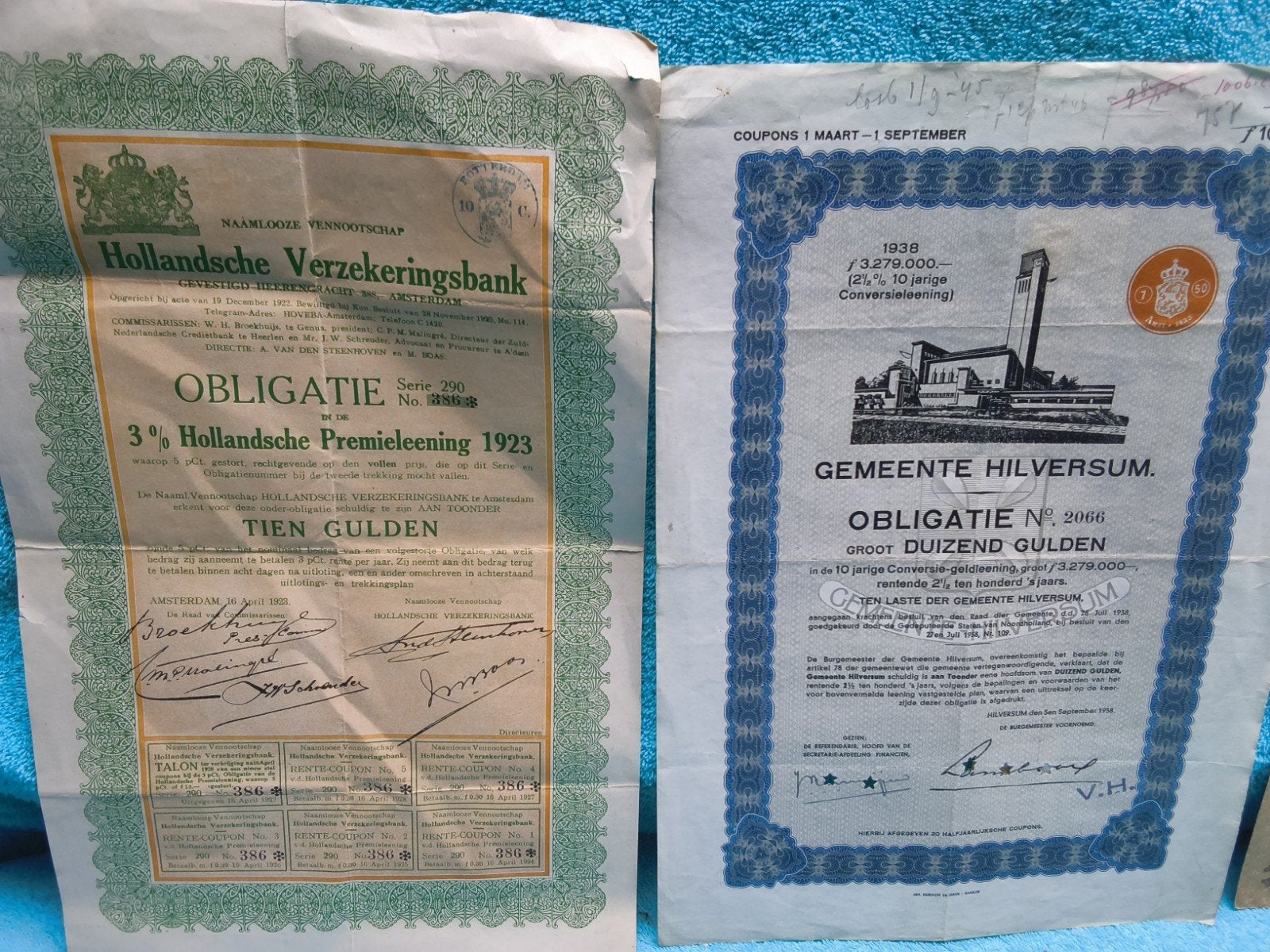3 st OUDE WAARDE PAPIEREN  1X 1923 1X 1025 1X1938( Nederland, Ophalen of Verzenden