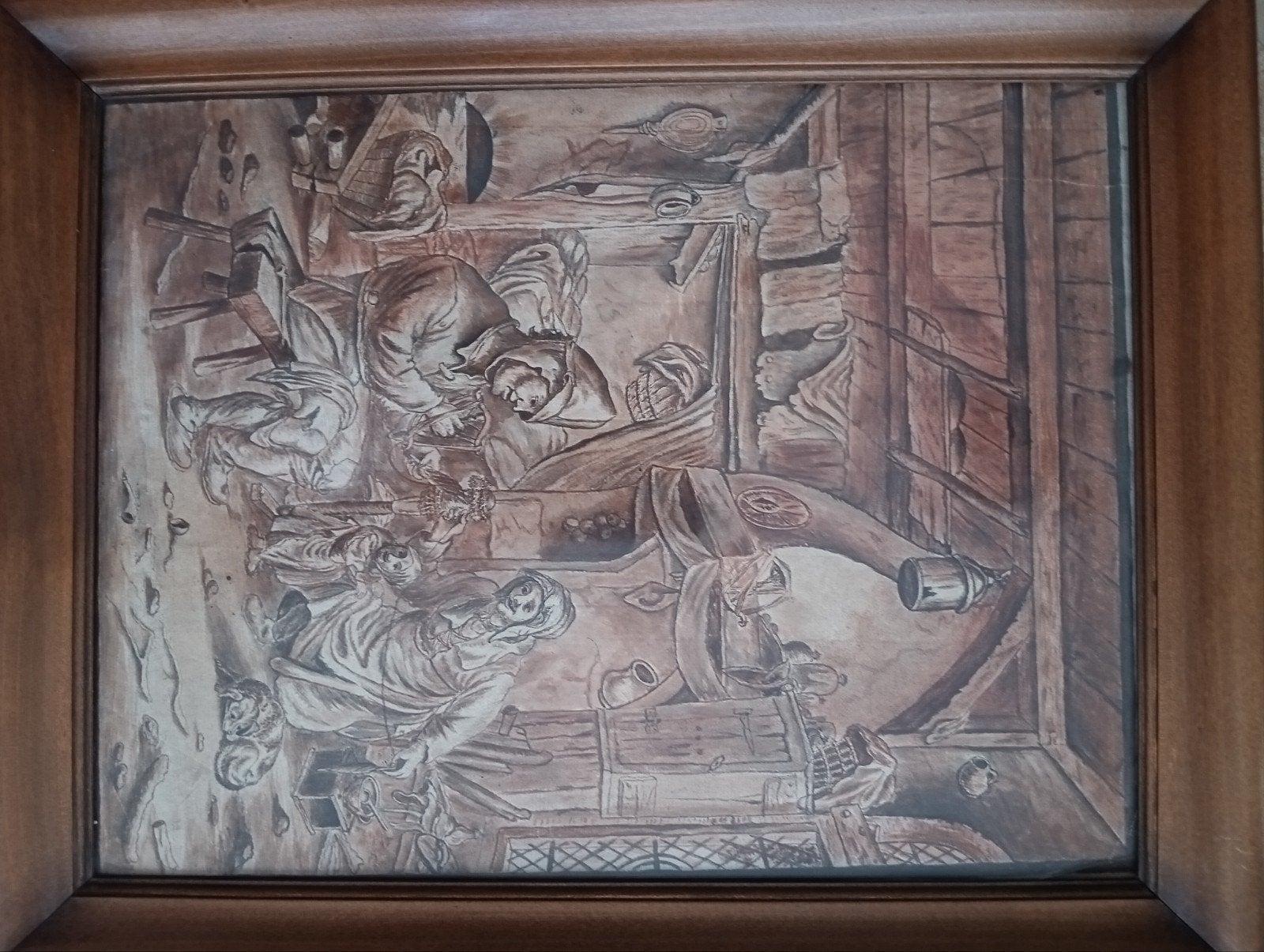 Unieke 17e-eeuwse aquarel en gewassen inkt.Het boerengezin, Ophalen of Verzenden