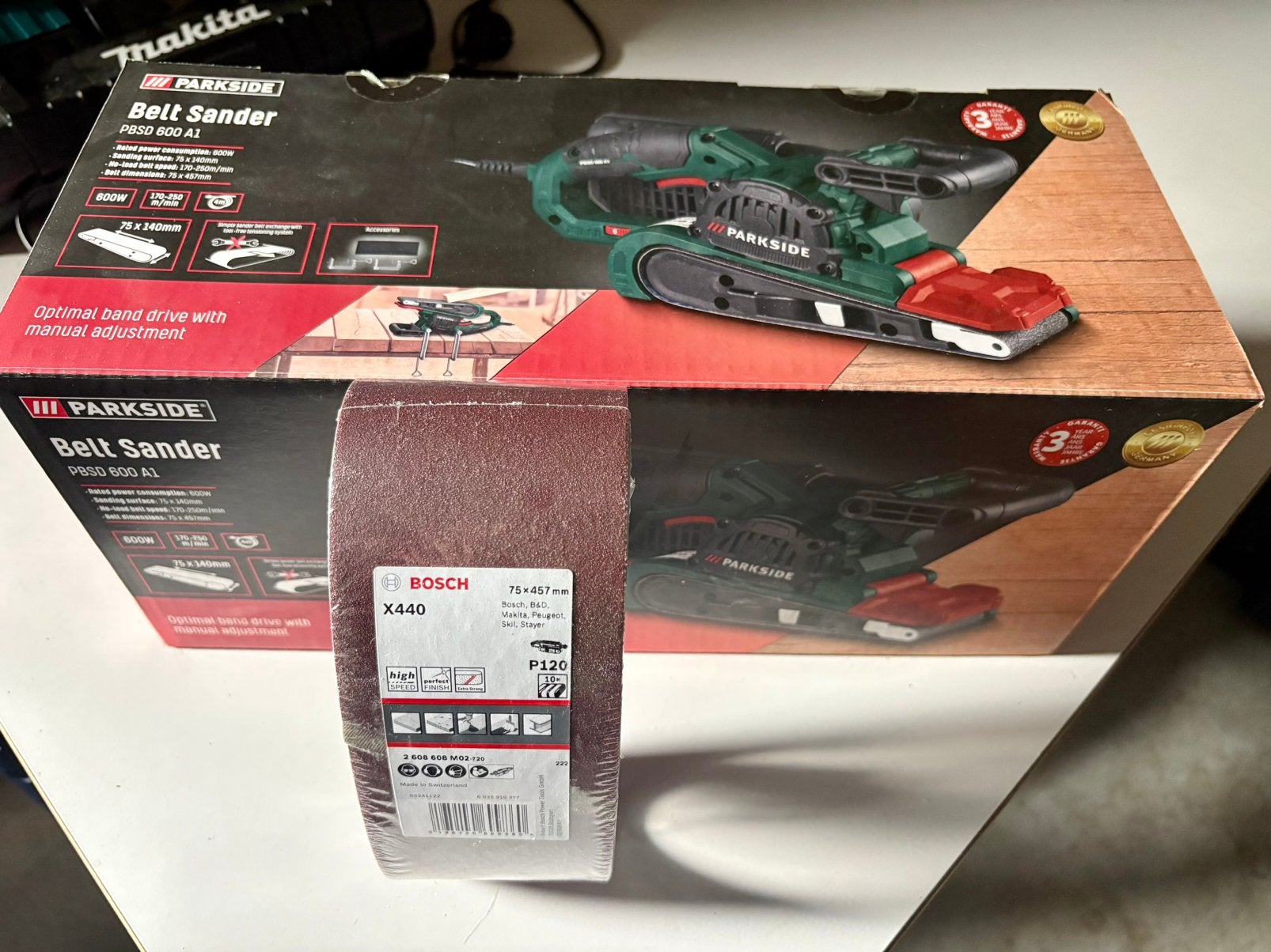 Parkside PBSD 600 band schuurmachine + nieuwe schuurbanden, Ophalen of Verzenden, Zo goed als nieuw, 600 tot 1200 watt, Bandschuurmachine