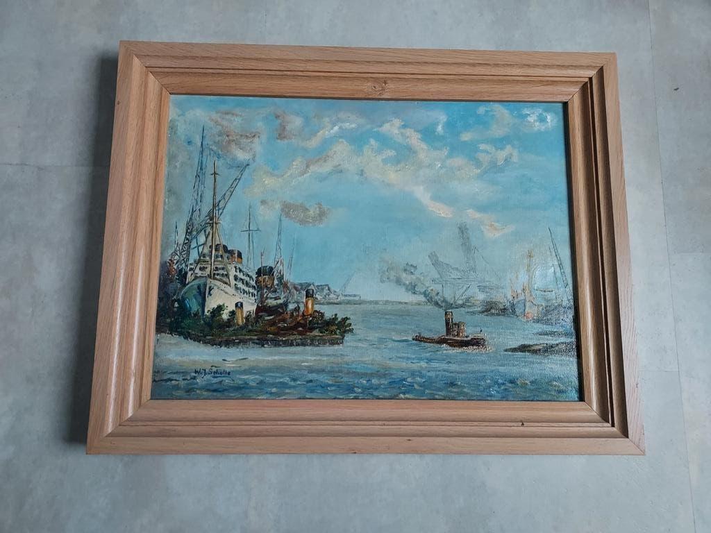 Maritiem tafereel havengezicht met schepen., Antiek en Kunst, Ophalen