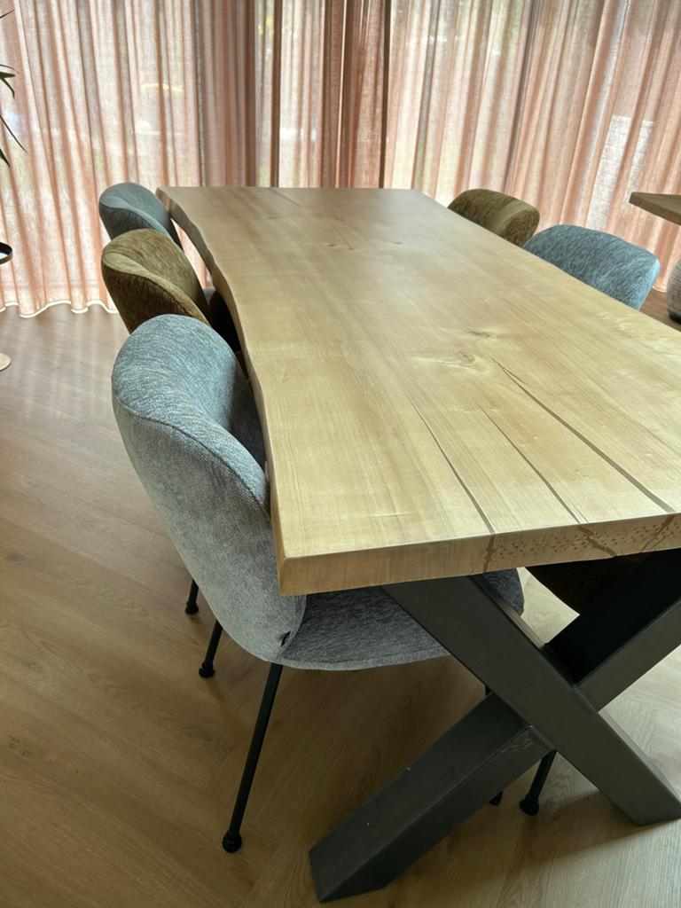Eettafel populierenhout met stalen X-poten (200x80-93cm), Ophalen, 50 tot 100 cm, Zo goed als nieuw, Vijf personen of meer