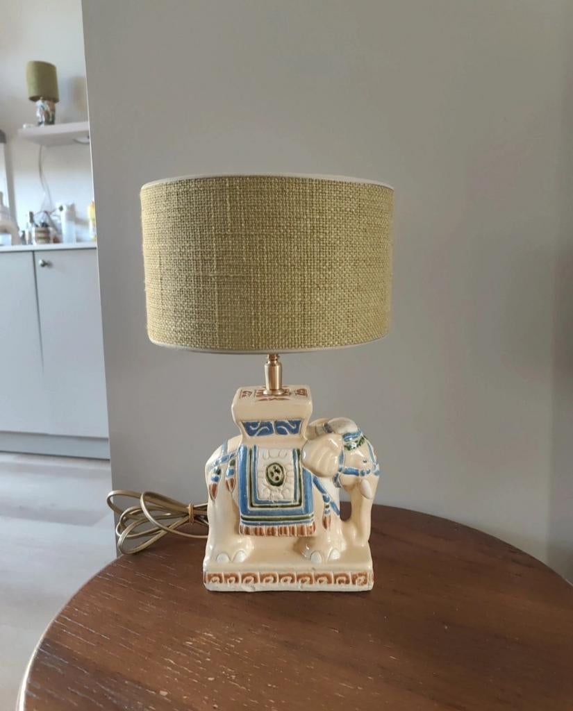 Retro Vintage Olifant Lamp Olijfgroene Linnen Kap Duran, Ophalen of Verzenden