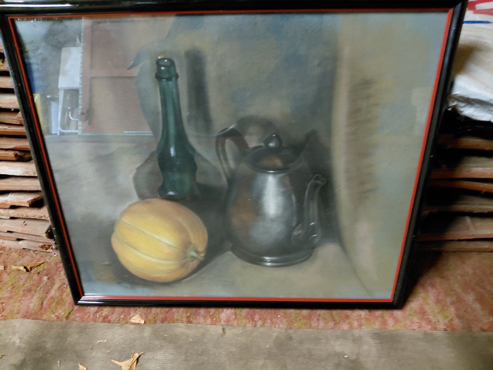 Stilleven met meloen, fles en theepot - Ingelijst, Antiek en Kunst, Ophalen
