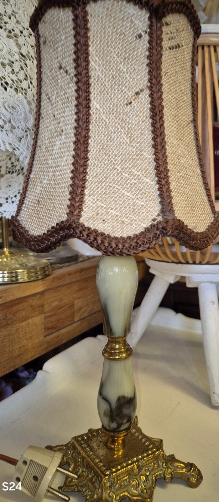 Vintage Tafellamp met Juten Kap en Marmeren Voet, Ophalen of Verzenden