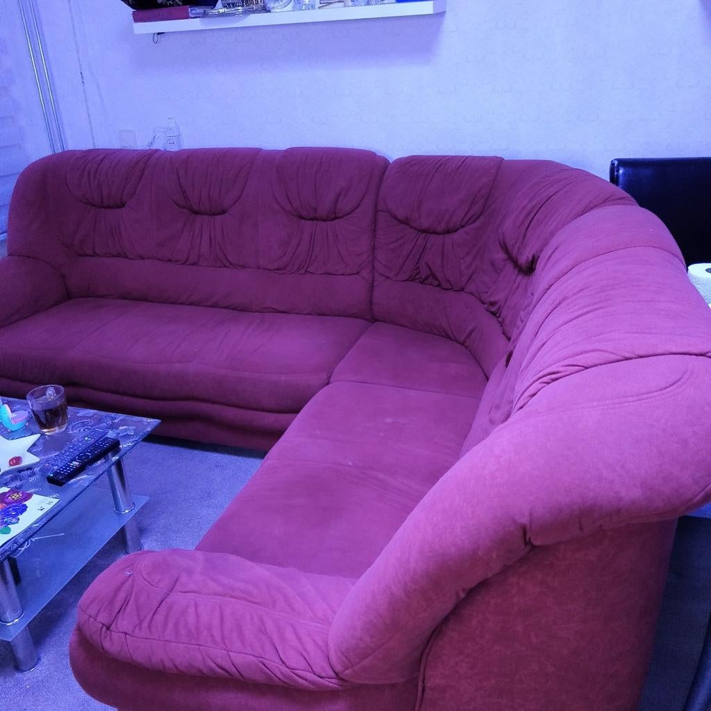 Hoekbankstel 7-zits Rood/bordeaux Suede, Ophalen, Gebruikt, 100 tot 125 cm, Hoekbank