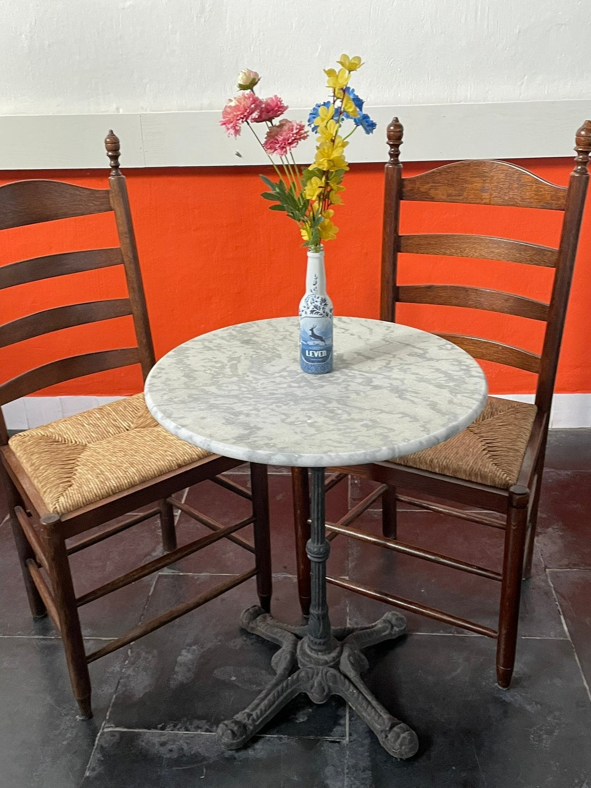 Bistro tafel marmer met gietijzerenvoet, Ophalen, Gebruikt, Rond, Metaal