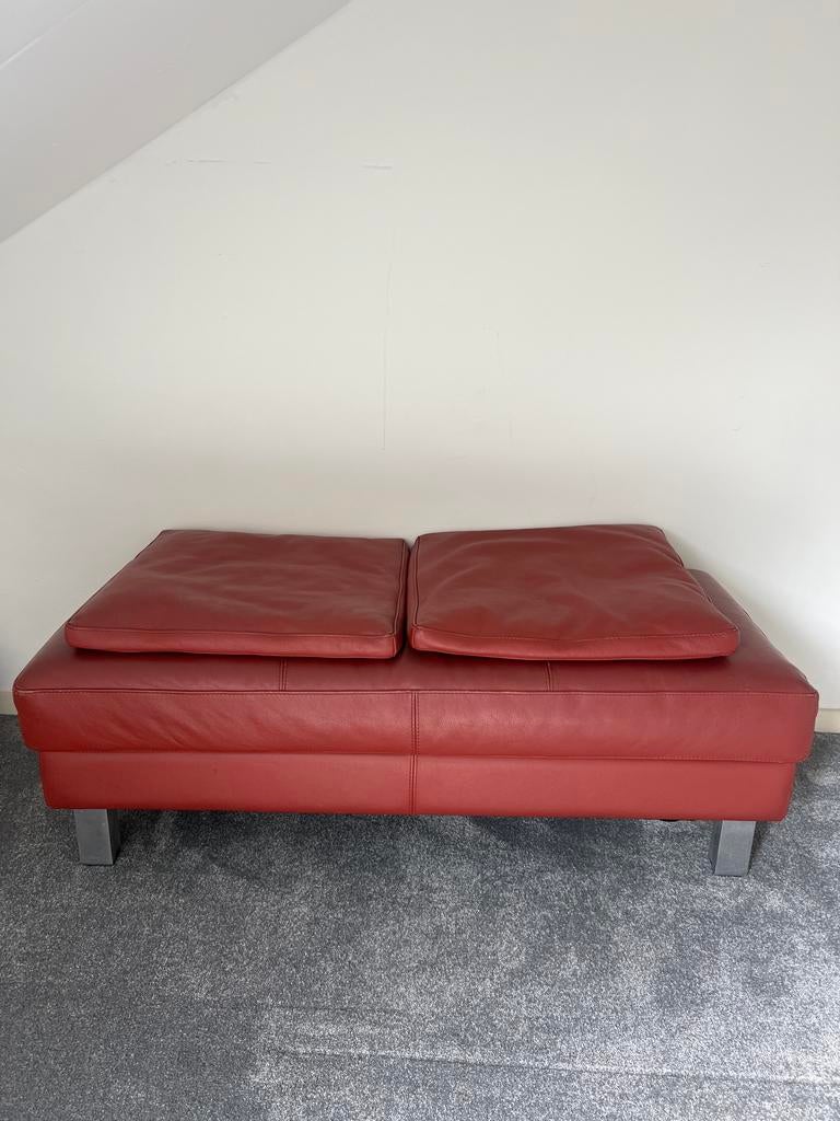 Leren Leolux voetenbank/poef - Rood, Ophalen, Gebruikt, 100 tot 125 cm, Leer