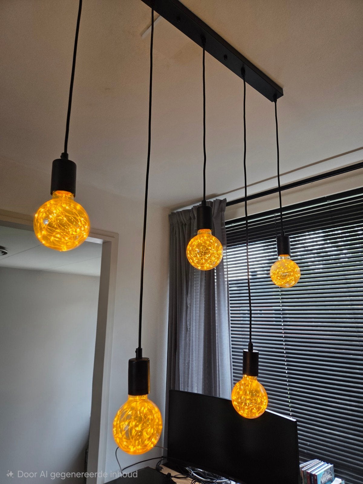 Moderne hanglamp met 5 amberkleurige LED filament bollen, Ophalen, Modern, Industrieel, E27 (groot), Zo goed als nieuw