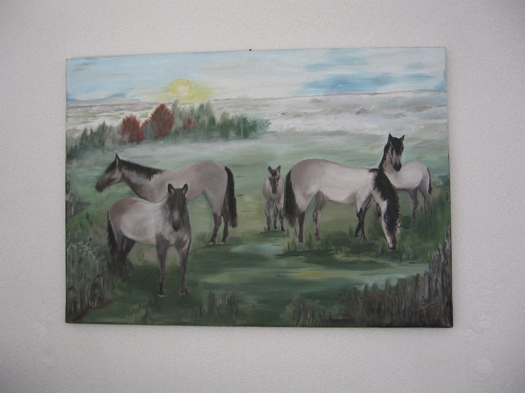 gesigneerd excl paarden schilderij linnen 70 x 50 cm €85,-, Ophalen of Verzenden, Nieuw, 50 tot 75 cm, Schilderij