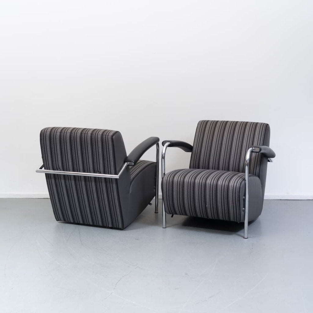 Leolux Scylla Laag Fauteuil Zwart/Grijs Gestreept Stof, Niet ingevuld, Zo goed als nieuw, Niet ingevuld, Niet ingevuld