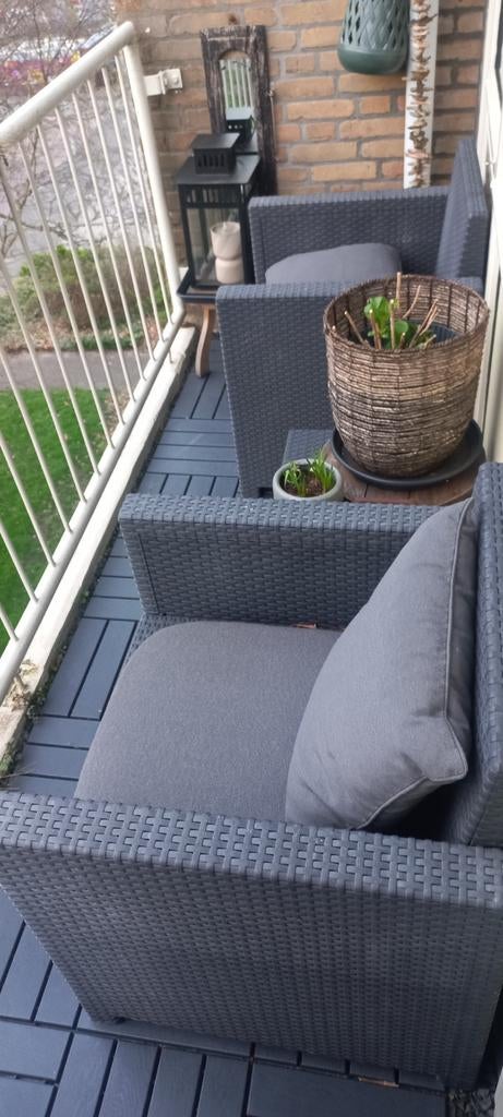 Balkonset met 2 stoelen en tafeltje, Ophalen of Verzenden, Gebruikt, Wicker, 2 zitplaatsen