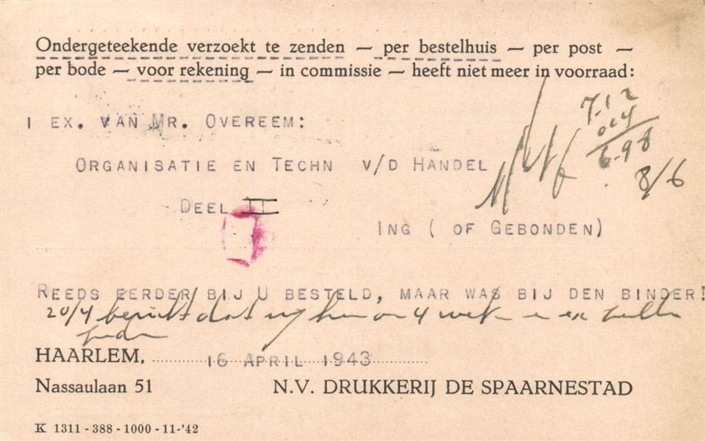 NV Drukkerij De Spaarnestad, Haarlem - 04.1943 - bestelkaart, Ophalen of Verzenden, Briefkaart