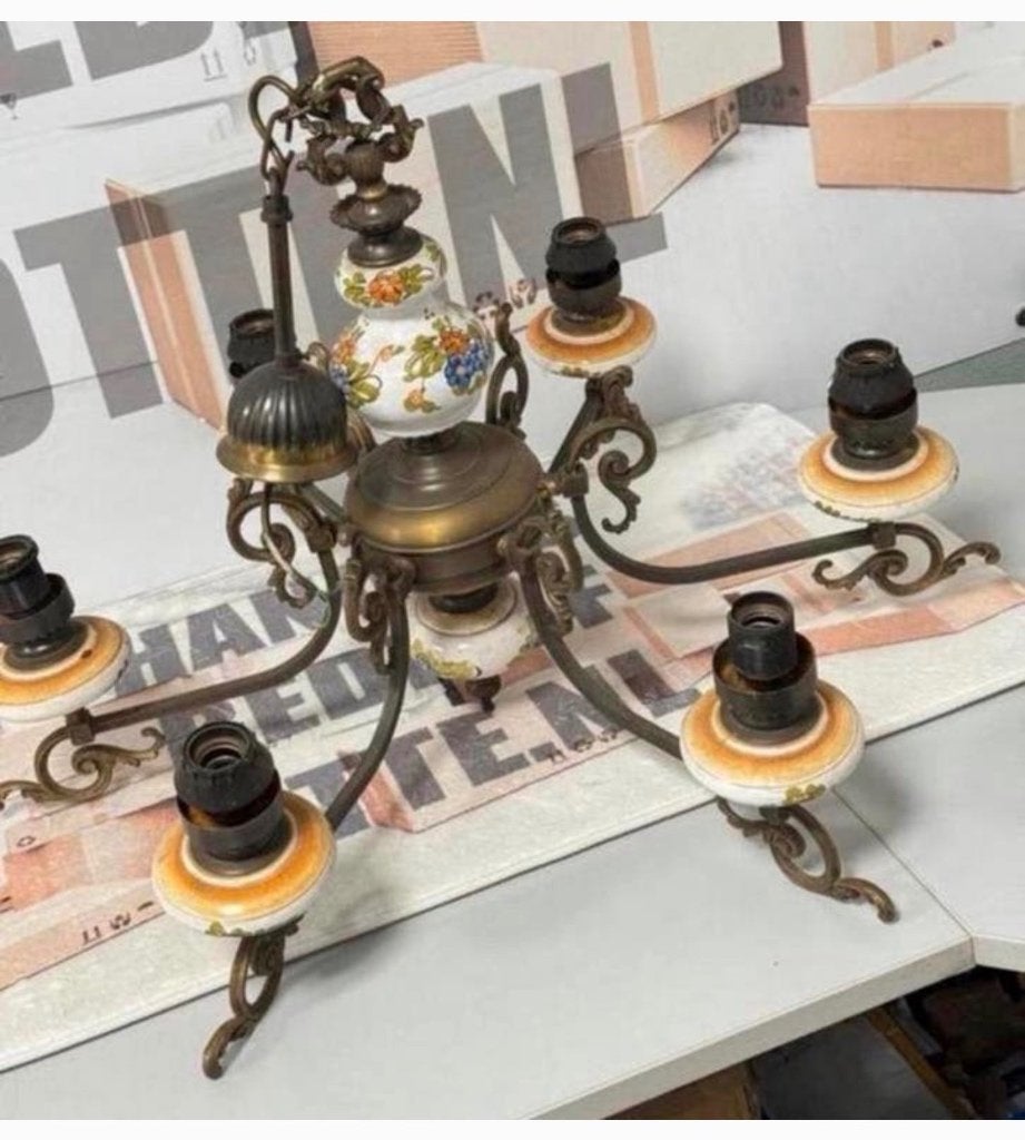 Antiek vintage Kroonluchter koper messing porselein brocante, Ophalen of Verzenden