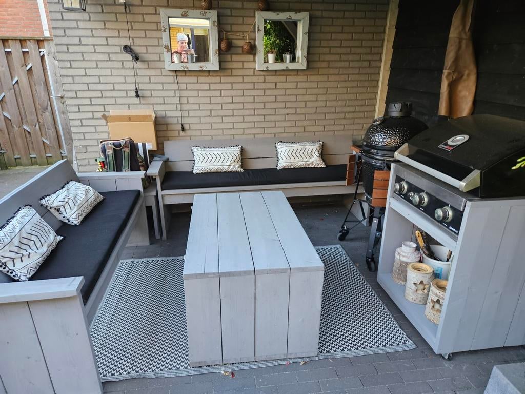 4 delige tuinset + zit kussens, Tuin en Terras, Tuinsets en Loungesets, Ophalen, 5 zitplaatsen, Gebruikt, Bank