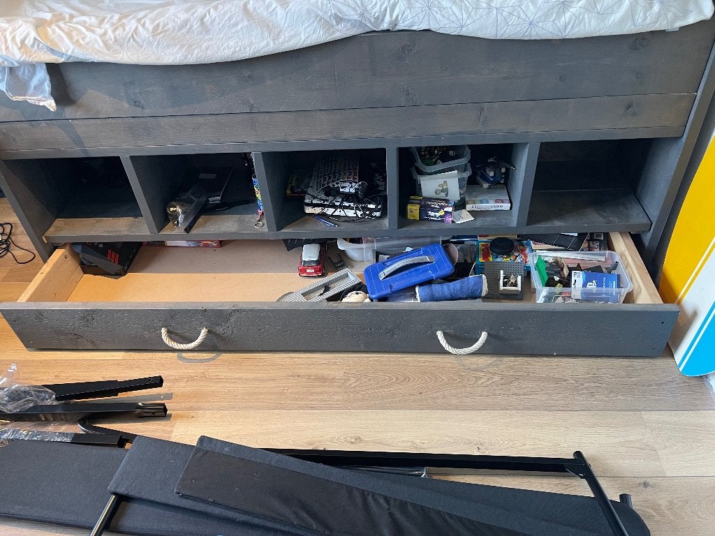 Steigerhouten half hoog slaper, Ophalen, Eenpersoons, Minder dan 160 cm, Zo goed als nieuw
