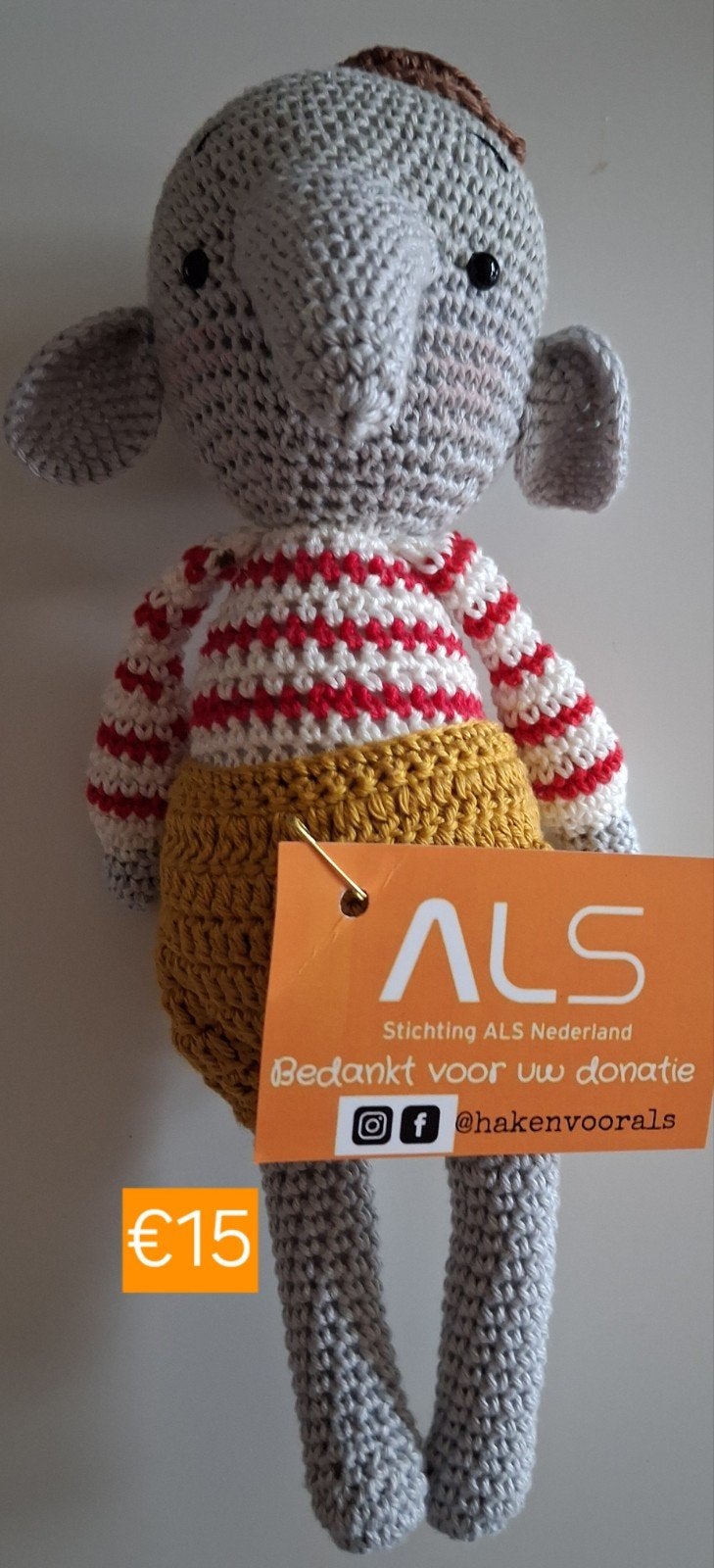 Gehaakte olifant knuffel - Steun ALS Nederland, Overige merken, Overige karakters, Grijs, Nieuw