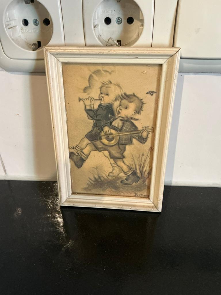 Antiek hummel schilderijtje 🍀 2 jongetjes maken muziek, Antiek en Kunst, Kunst | Tekeningen en Foto's, Ophalen of Verzenden