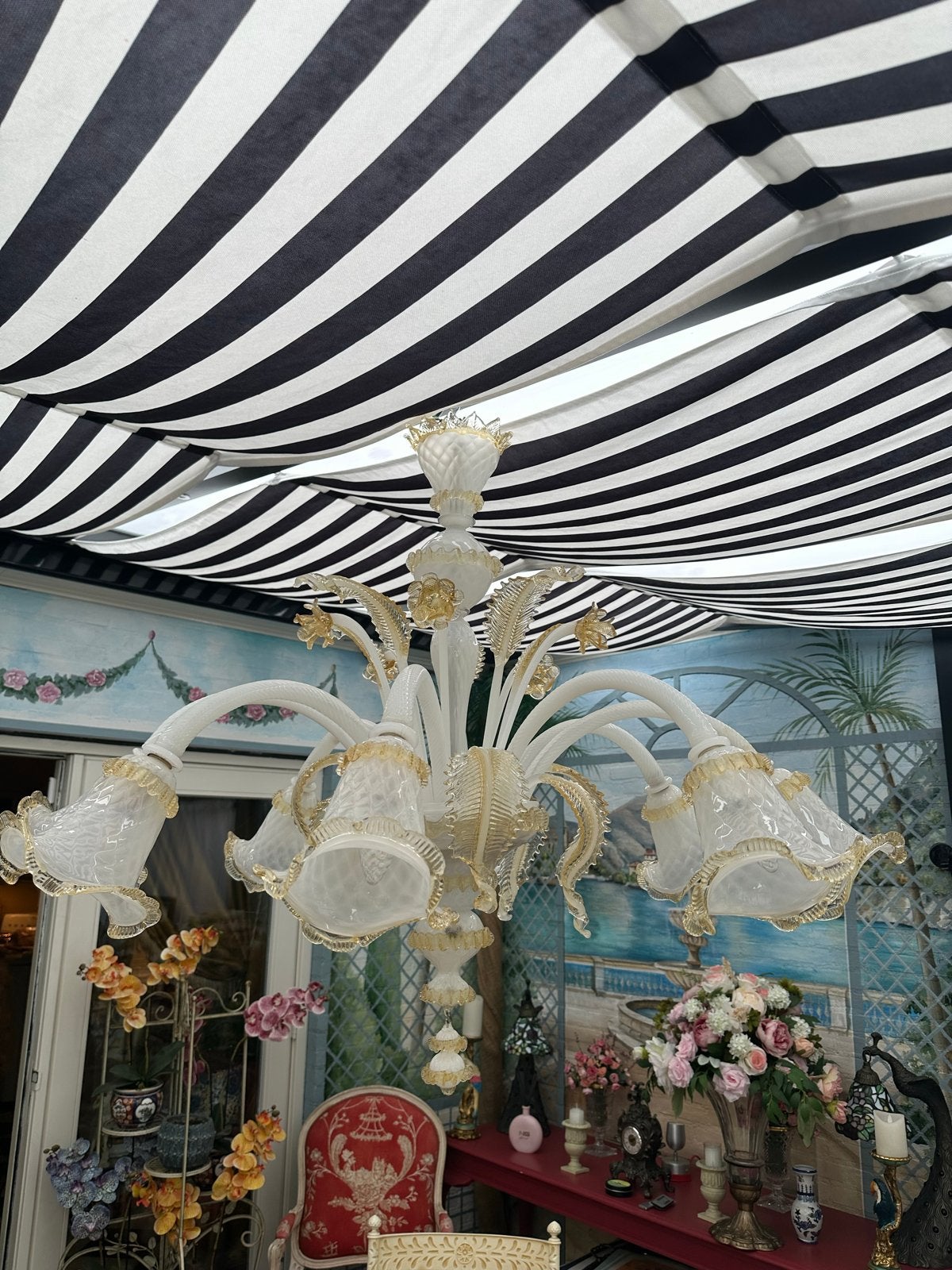 Grote Murano Hanglamp Melkwit met Gouden Versiering, Ophalen, E27 (groot), Venetiaans, Glas