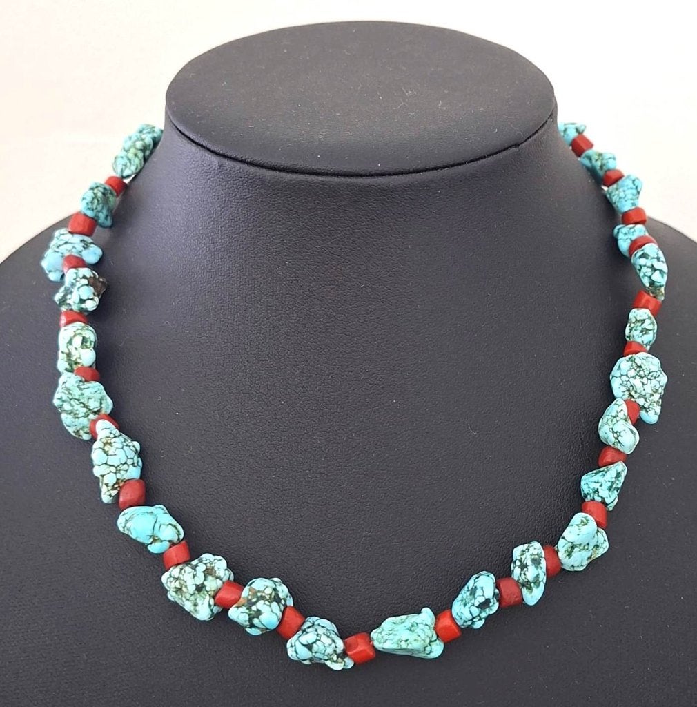 Prachtige Antieke Navajo Turquoise & Bloedkoraal Ketting, Ophalen of Verzenden, Zilver, Ketting, Met edelsteen