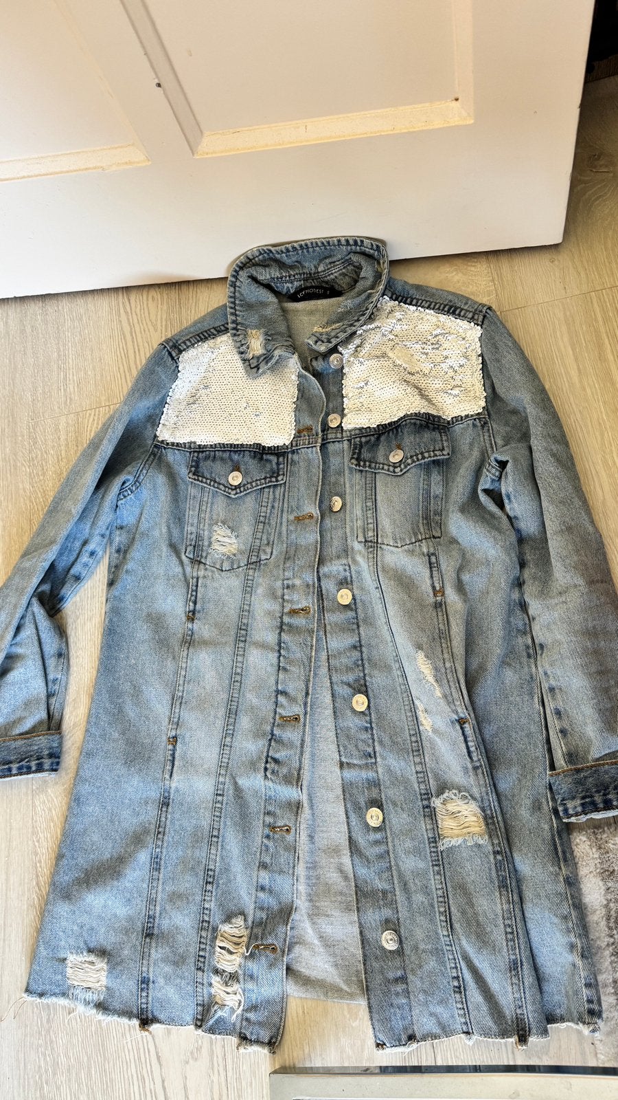 Lange spijkerjas met pailletten, Ophalen of Verzenden, Zo goed als nieuw, Blauw