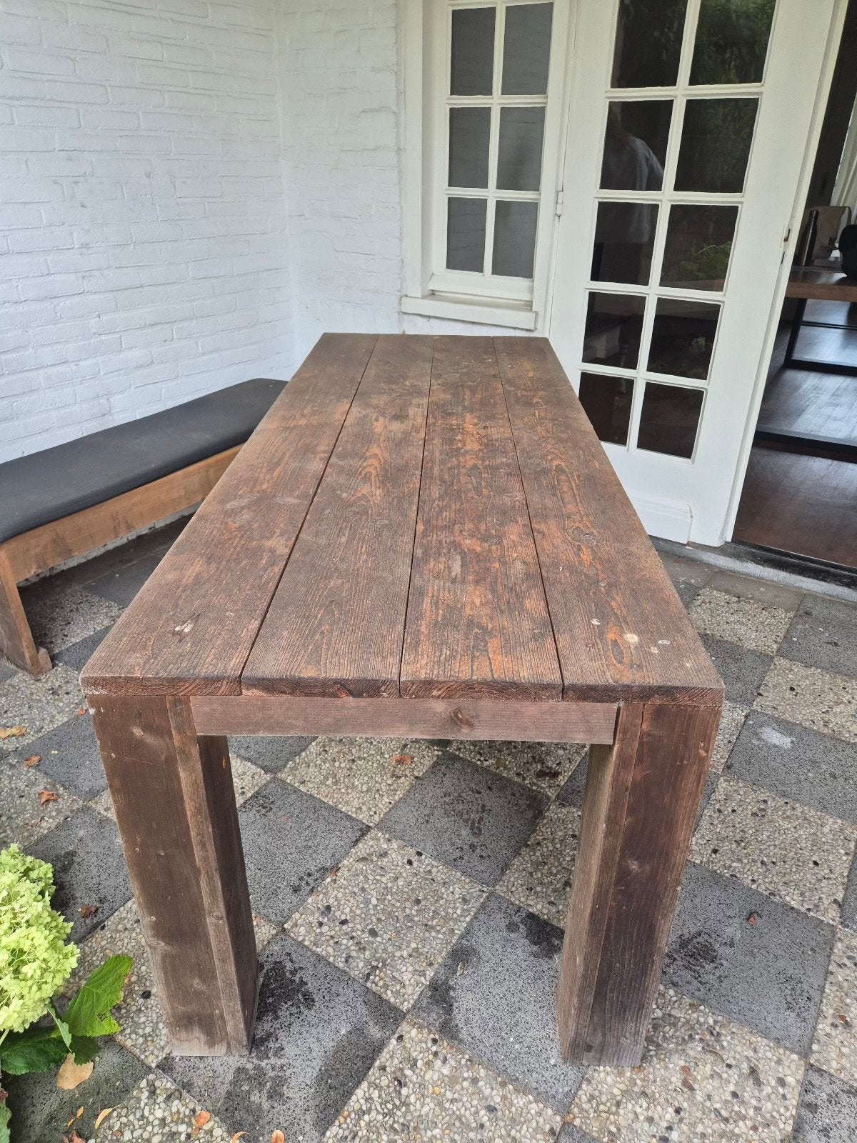 Robuuste steigerhout tuintafel met bankje, Ophalen, Gebruikt, Rechthoekig, Hout