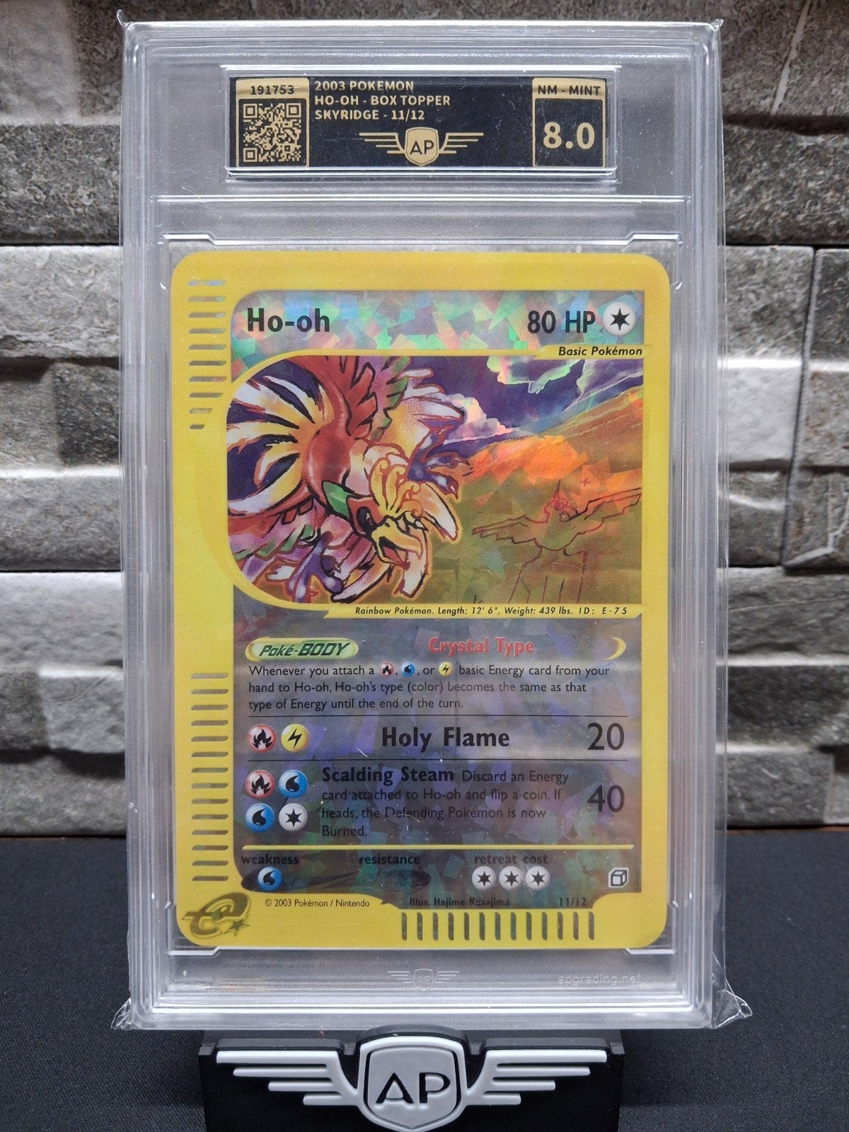 Pokemon Ho-oh Box Topper Skyridge 11/12 AP Graded 8.0, Ophalen of Verzenden, Zo goed als nieuw, Losse kaart