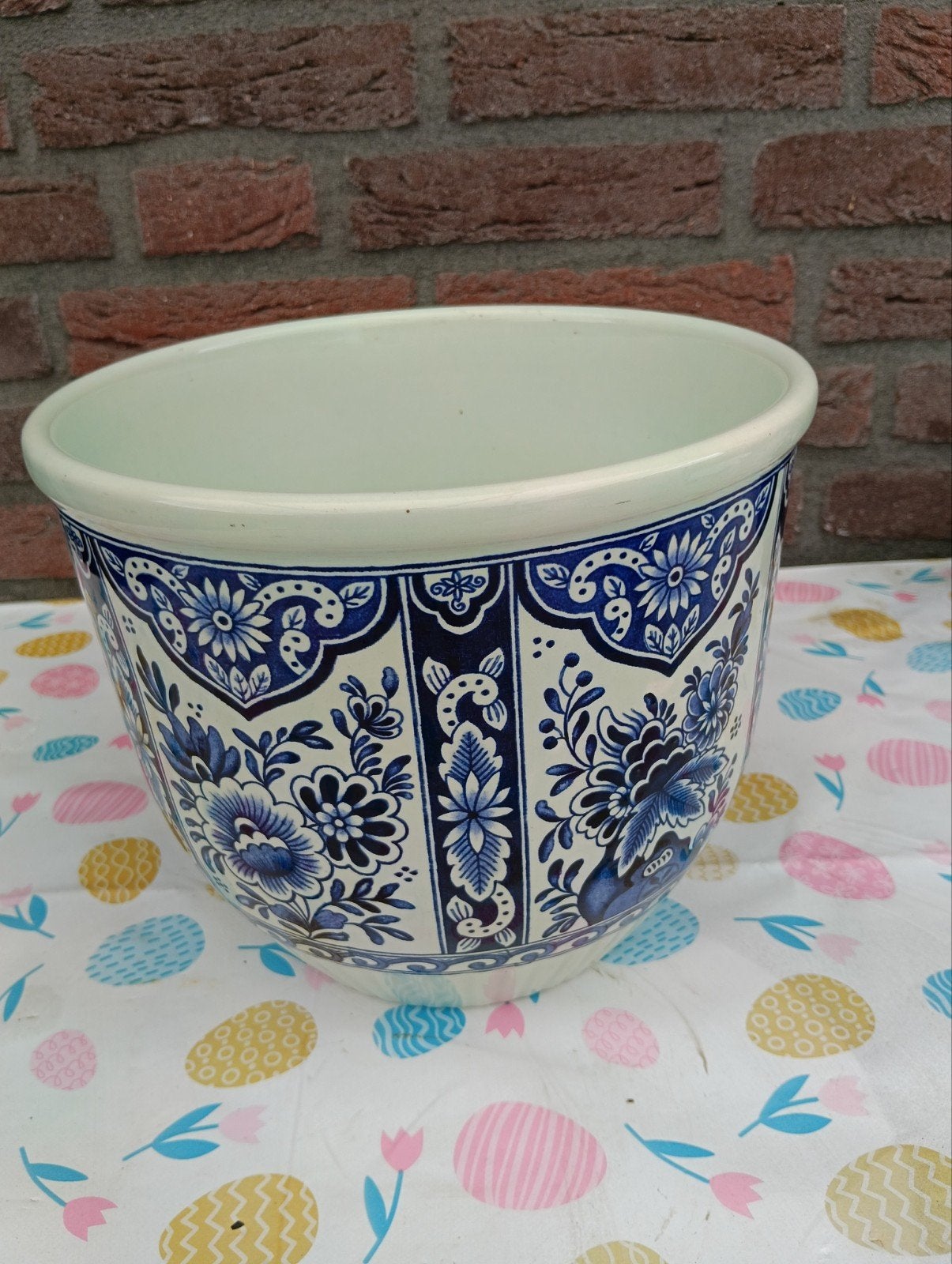 Antieke aardewerk bloempot Sphinx Boch Delfts blauw, Antiek en Kunst, Ophalen of Verzenden
