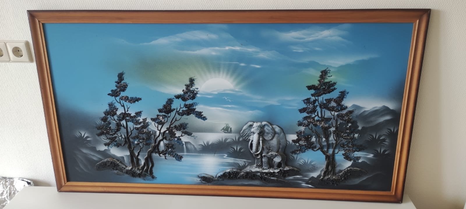 3D Schilderij met Olifanten en Landschap - 127x67 cm, Ophalen of Verzenden