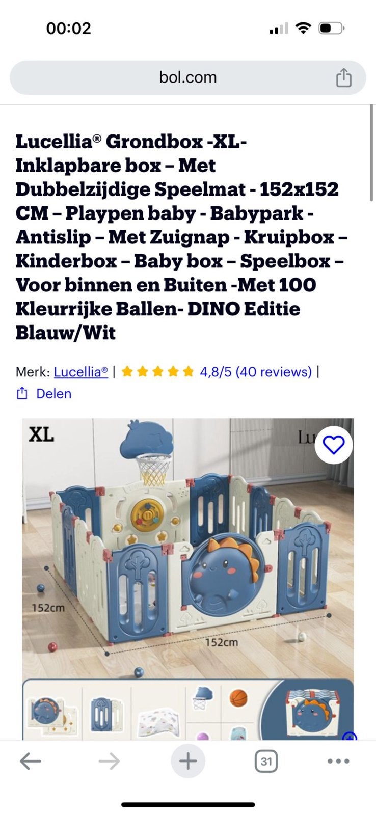 Grondbox playpen dino 152x152cm, Ophalen, Gebruikt, Vierkant
