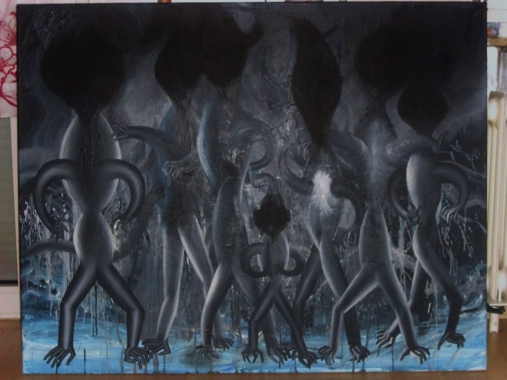 Origineel schilderij Sebastian Goegel (2004, 90x120cm), Ophalen, Ophangklaar, Olieverf, Figuren