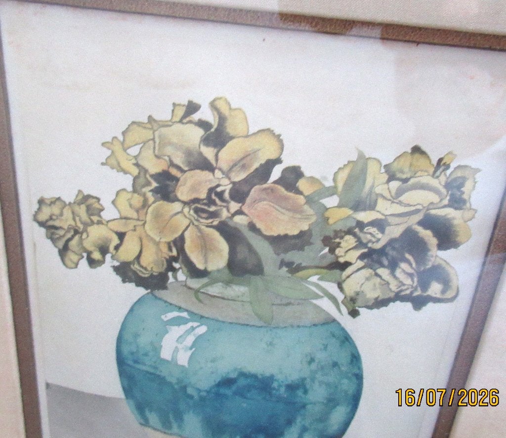 Frans Everbag - Muurbloemen, Ingelijst, Ets, Ophalen of Verzenden, Flora en Fauna
