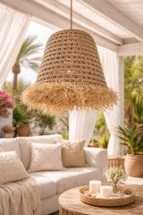 Speelse Raffia Lampenkap Naturel - Handgemaakt, Hanglamp, Natuurlijk materiaal, Beige, Rond