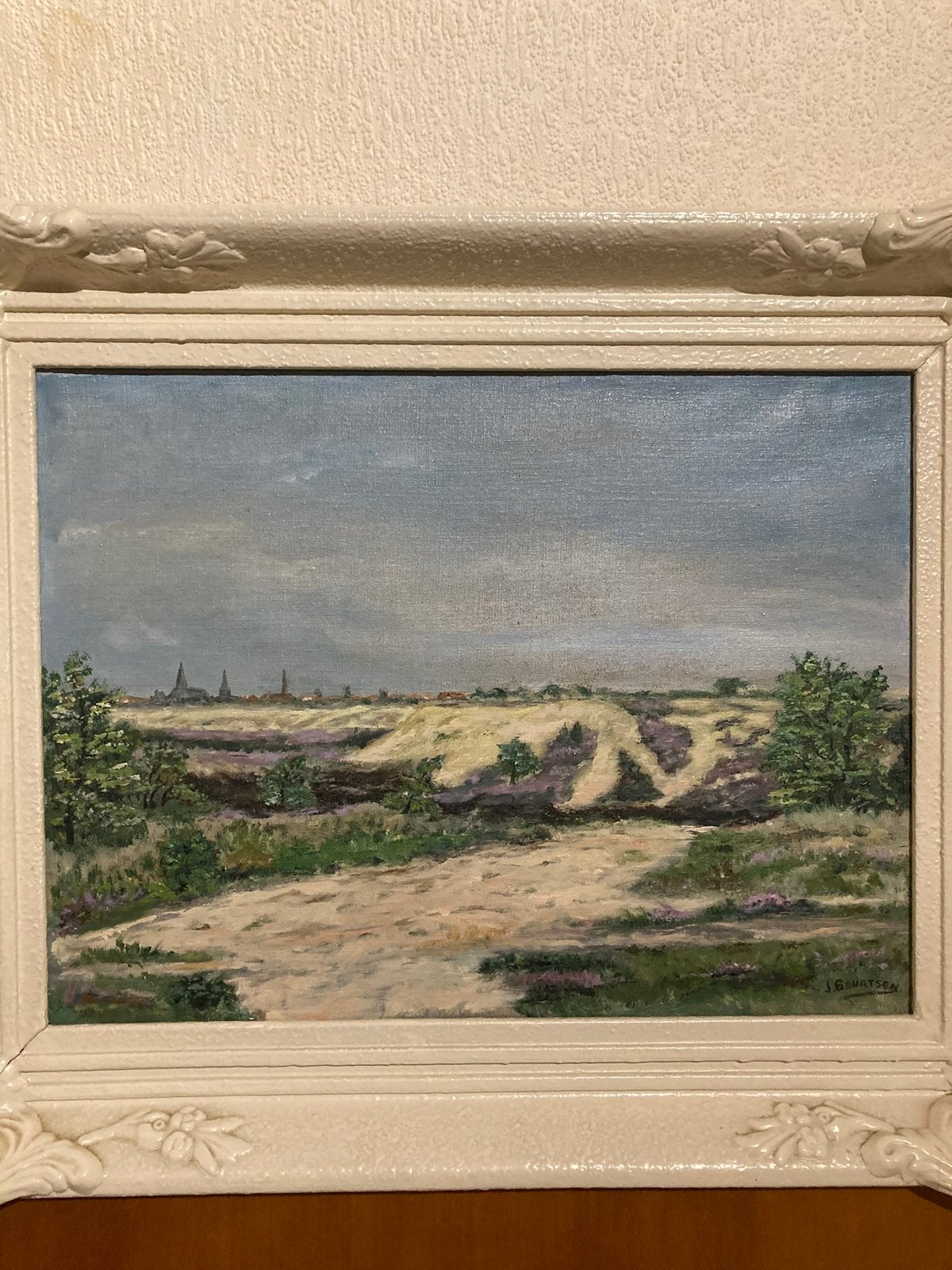 Olieverf Bussumse hei anno 1946 ingelijst  h 41 x b 51 cm, Ophalen