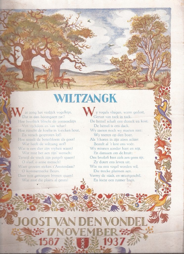 Rijmprent 'Wiltzangk' Vondelherdenking 1587-1937, Antiek en Kunst, Ophalen of Verzenden, Blanco verso, Lithografie, 1900 - 1949