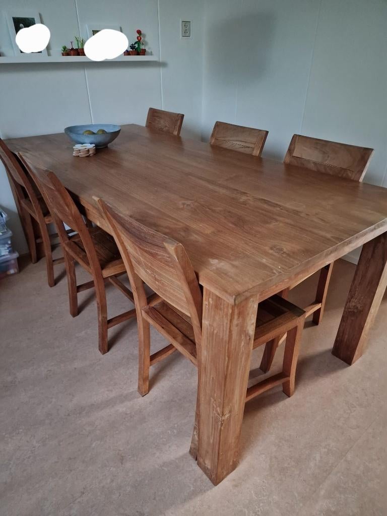 Tafel met 6 stoelen, Ophalen, Gebruikt, Teakhout, 200 cm of meer