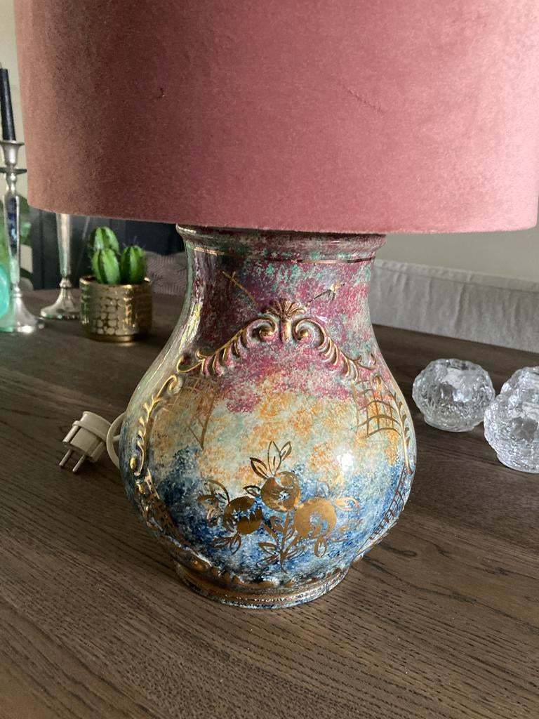 Kleurrijke vintage lampenvoet + kap, Antiek en Kunst, Antiek | Lampen, Ophalen of Verzenden