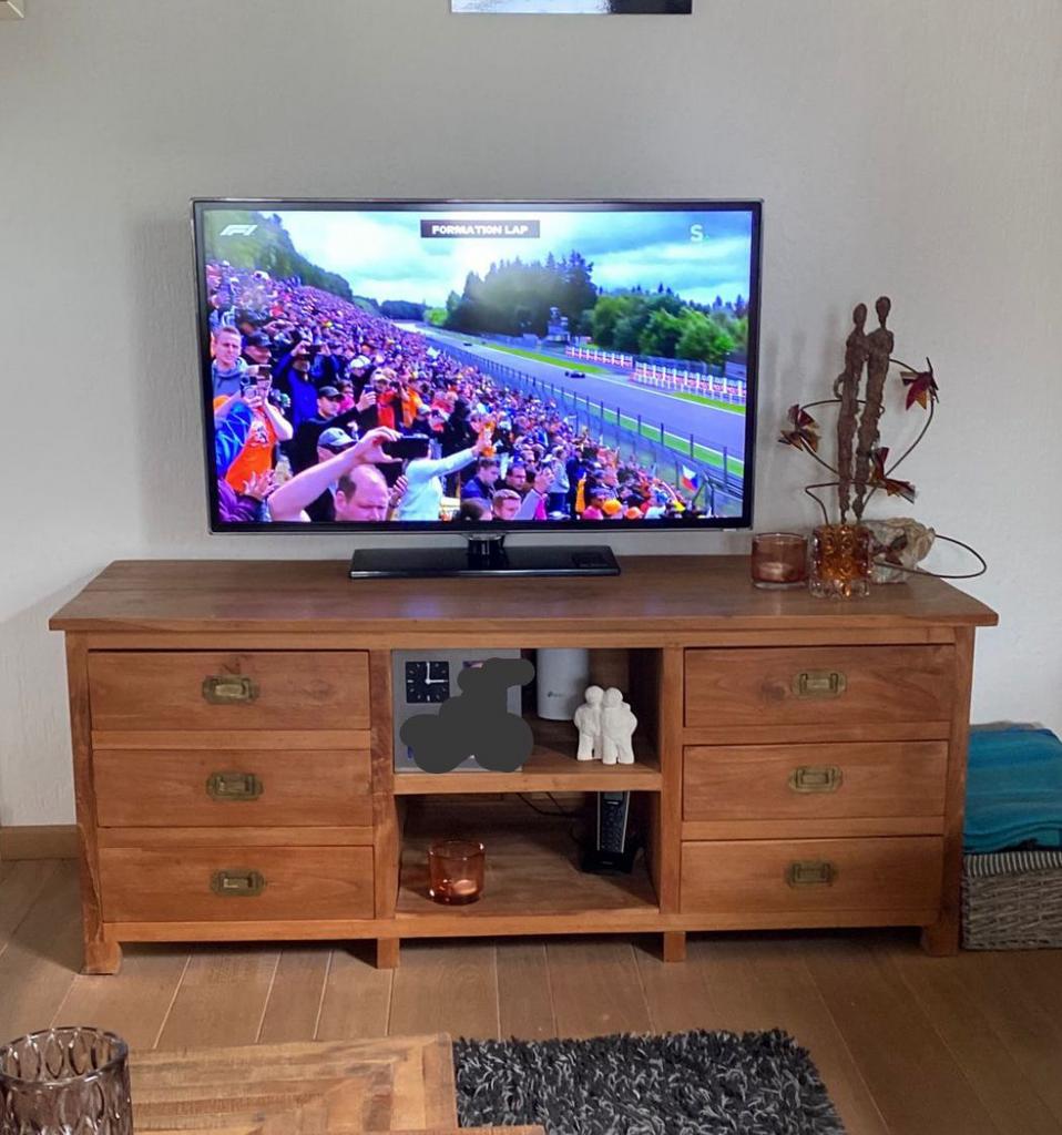 Teak hout tv meubel, Ophalen, Met plank(en), Gebruikt, 100 tot 150 cm