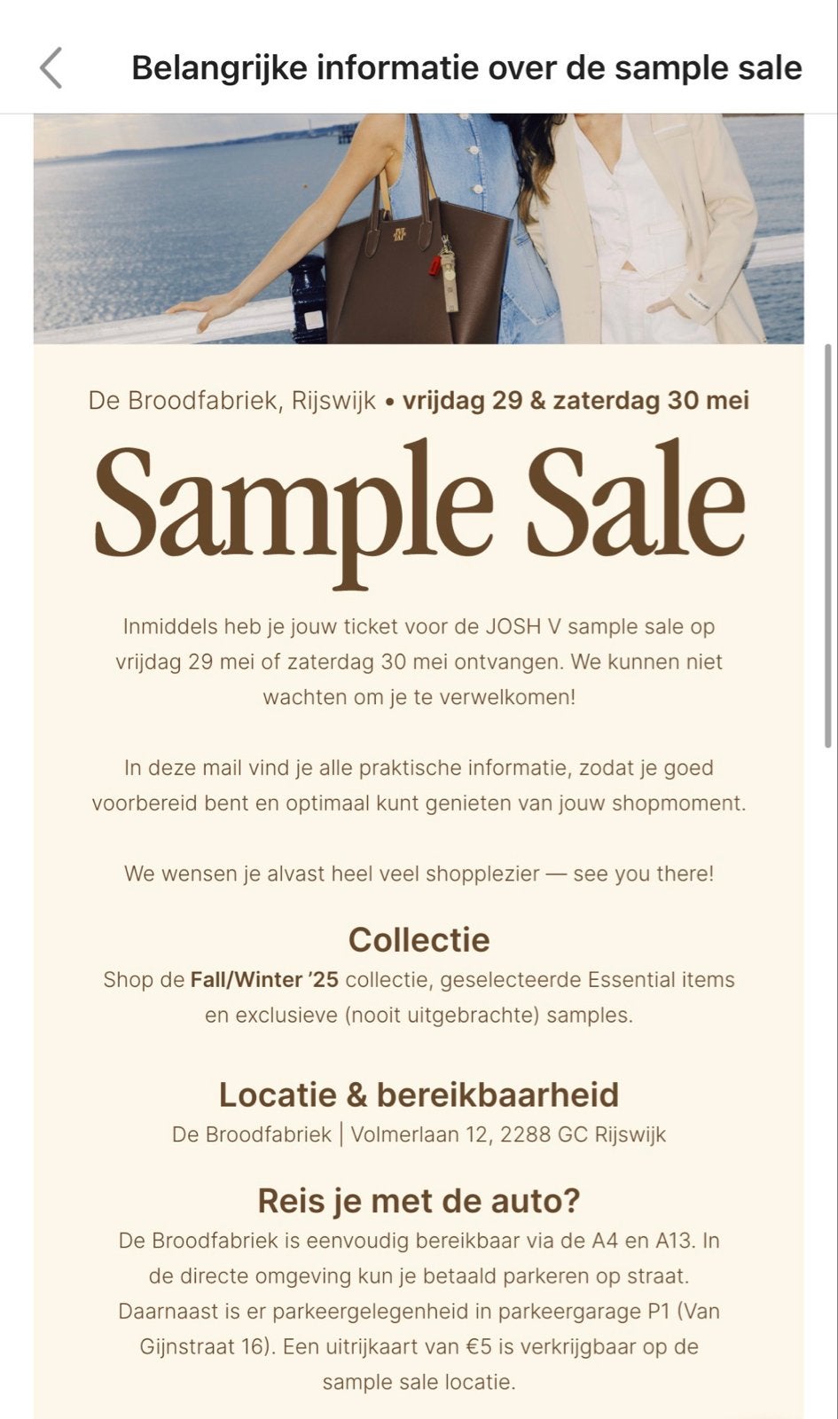 Sample sale kaartje Josh V vrijdag 29 mei 12.00-14-00 uur, Eén persoon