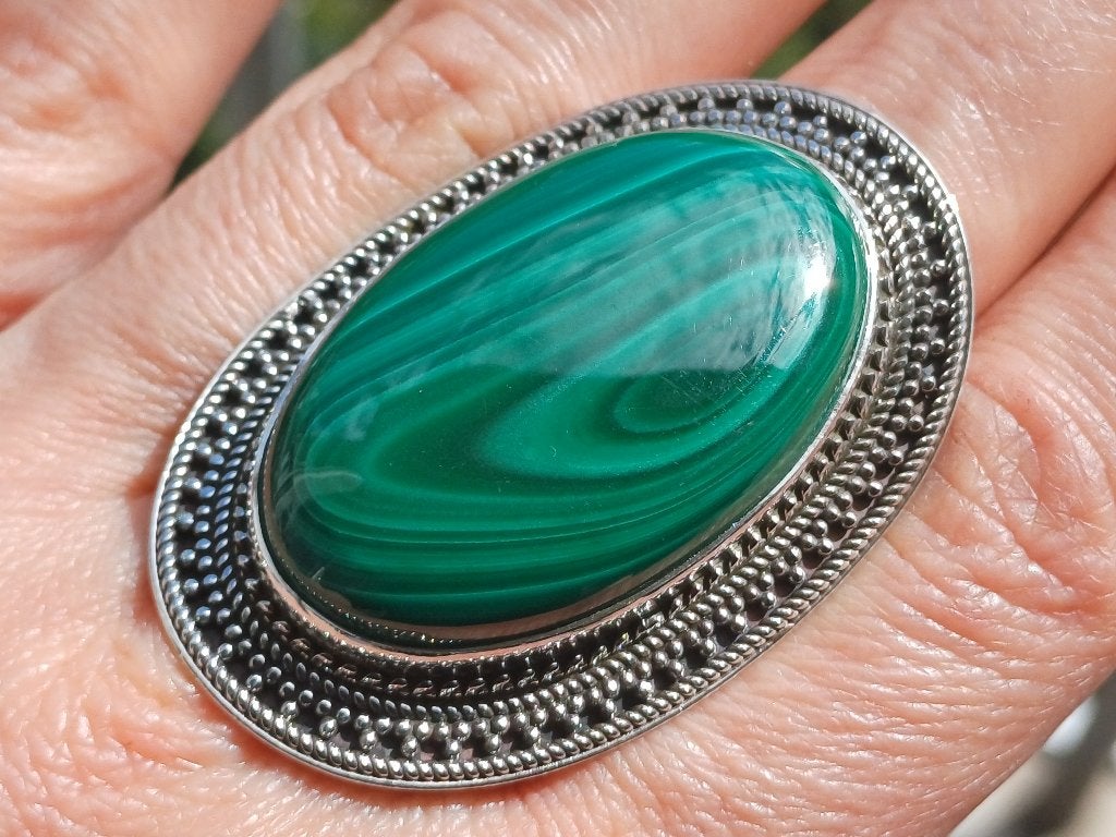 Opmerkelijke 925 zilveren ring met malachiet maat 18, 75, Daiva1973@hotmail.com, 18 tot 19, Vanoli, Amsterdam