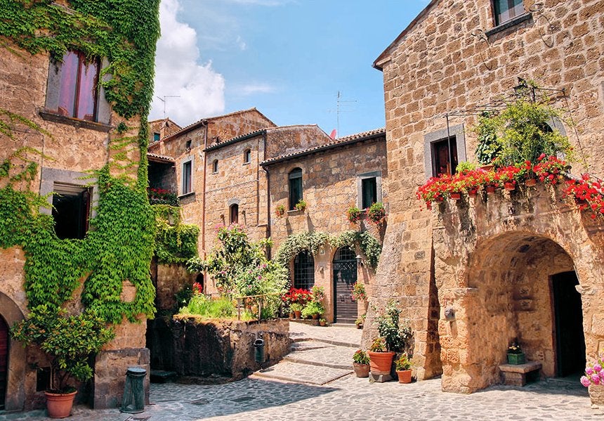 Toscaans straatje fotobehang, Italie, bloemenstraat, Verzenden, Fotobehang
