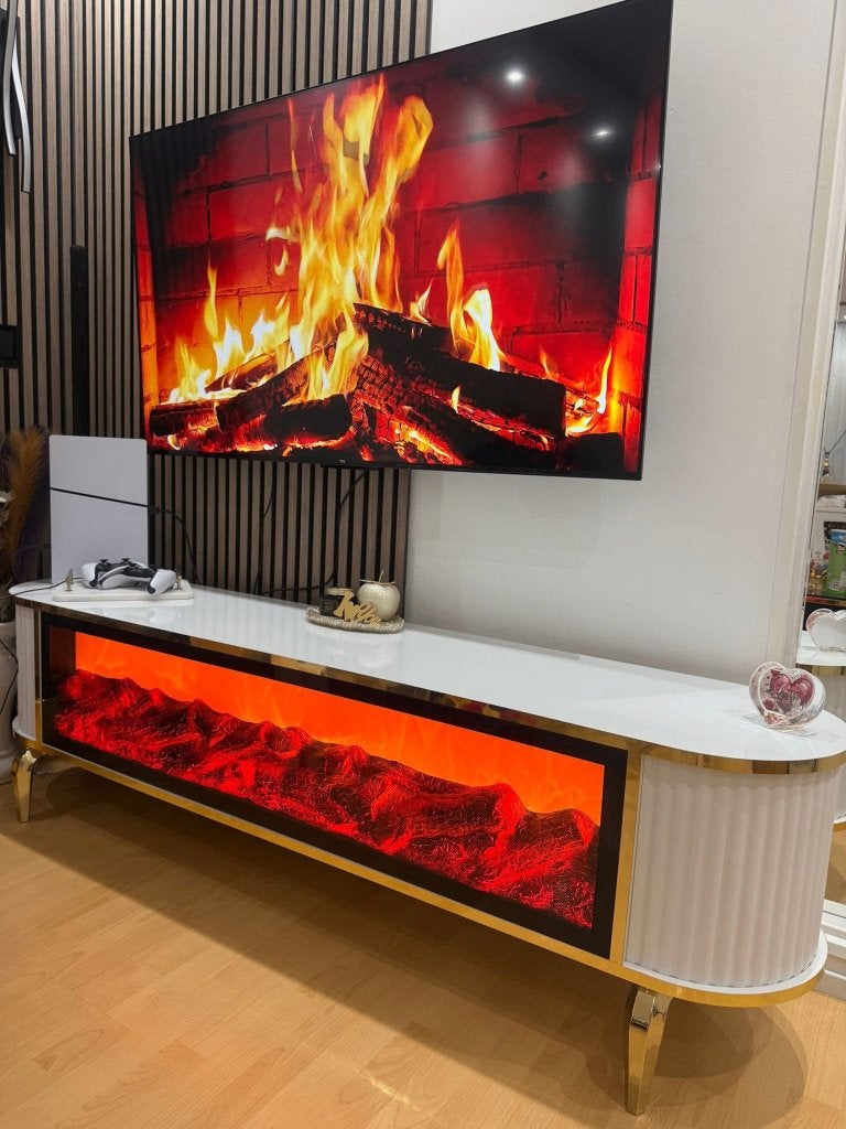 TV Meubel met LED Sfeerhaard 180 cm Wit Bluetooth, Ophalen, Glas, 150 tot 200 cm, Nieuw
