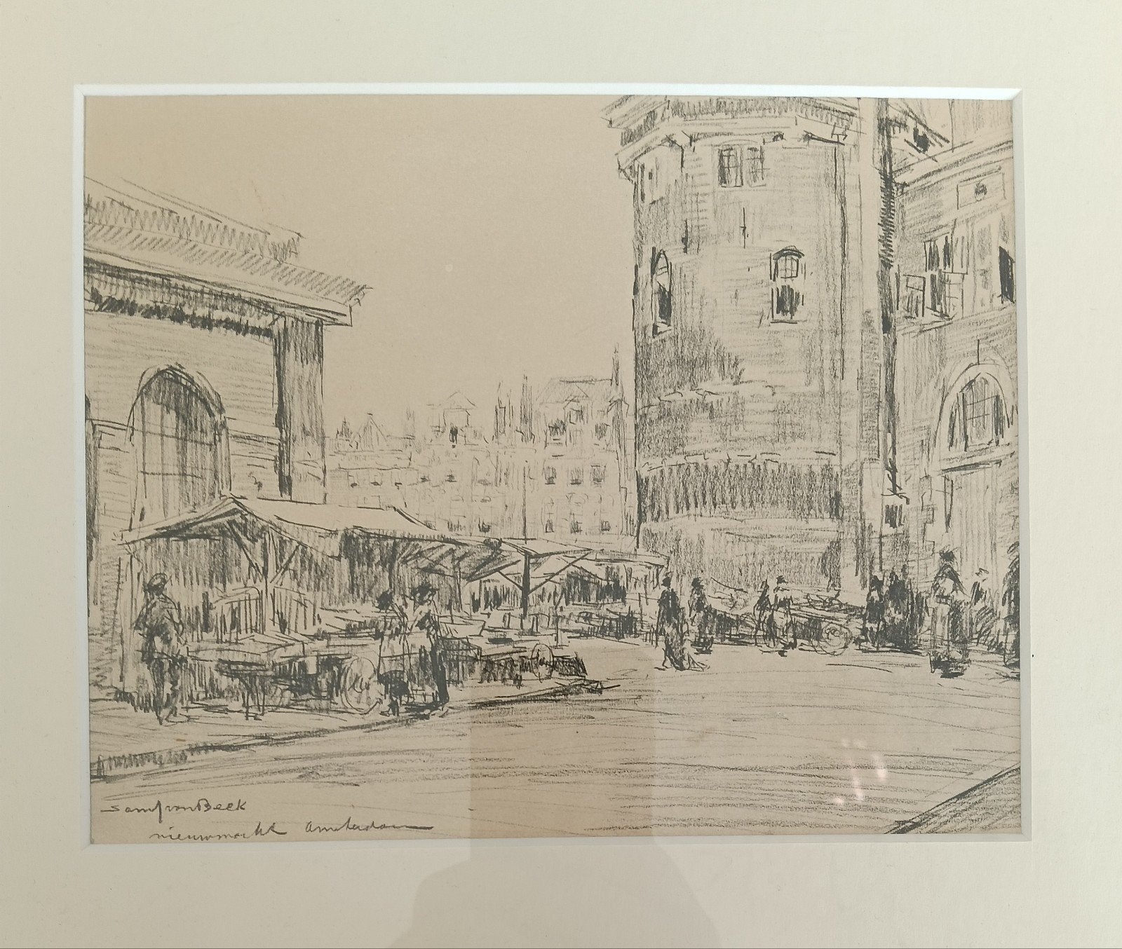 Sam van Beek (1878-1957) Stadsgezicht Amsterdam -  Nieuwmark, Antiek en Kunst, Ophalen of Verzenden, Impressionistisch, Tekening